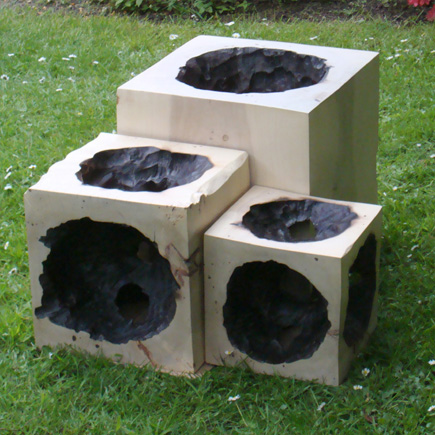 Three Cubes, Burnt Poplar, Large Cube 39cm, Medium Cube 30cm, Small Cubes 23cm